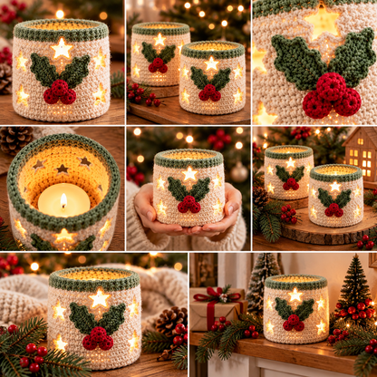 Christmas Candle Cozy Crochet Pattern PDF | Star Cut-Out Holly Votive Cover