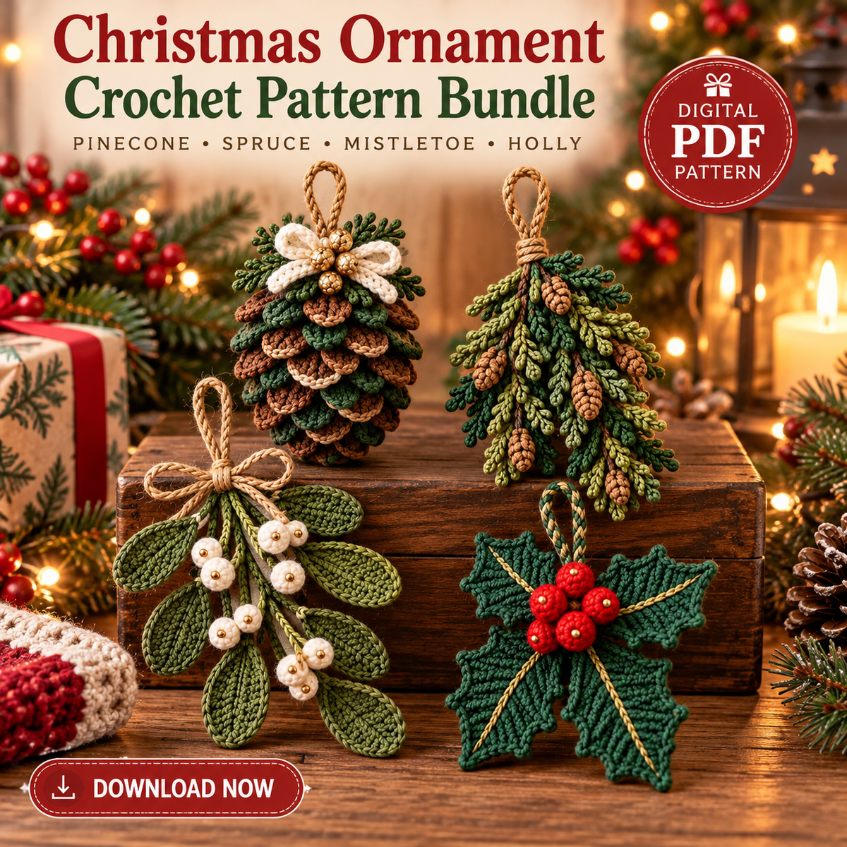 4-in-1 Rustic Christmas Ornament Crochet Pattern PDF | Pinecone, Spruce, Mistletoe & Holly