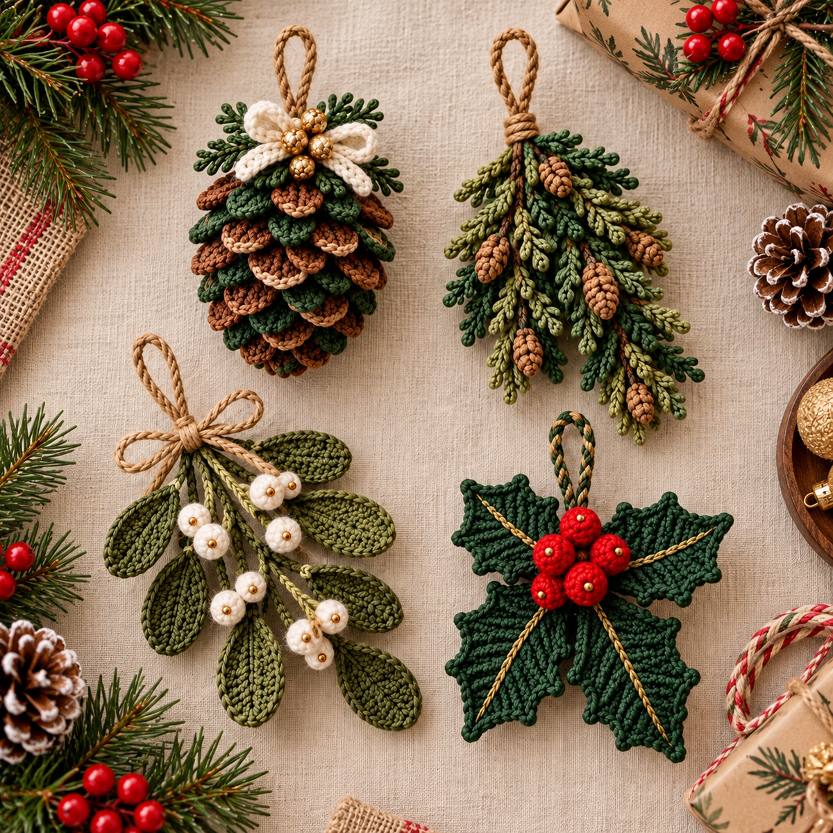 4-in-1 Rustic Christmas Ornament Crochet Pattern PDF | Pinecone, Spruce, Mistletoe & Holly