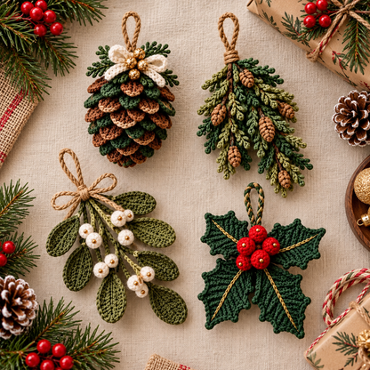 4-in-1 Rustic Christmas Ornament Crochet Pattern PDF | Pinecone, Spruce, Mistletoe & Holly