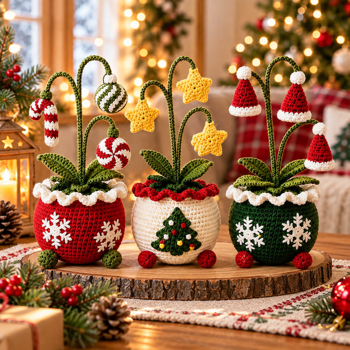 Christmas Potted Plant Crochet Pattern PDF | 3 Festive Amigurumi Designs