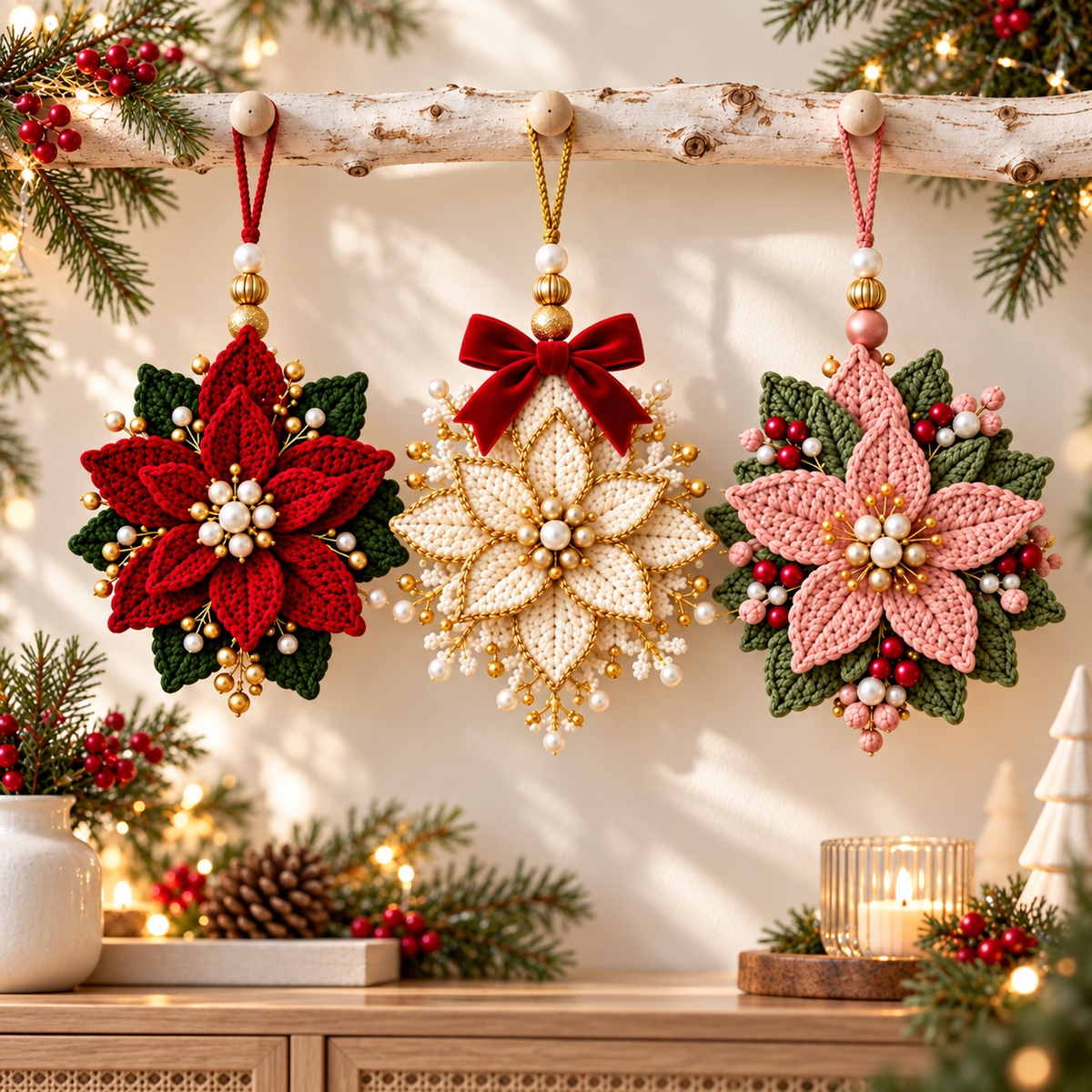 Beaded Poinsettia Crochet Pattern PDF | 3 Christmas Flower Ornaments