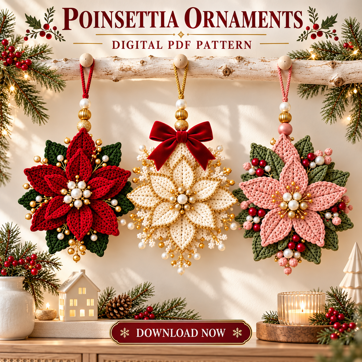 Beaded Poinsettia Crochet Pattern PDF | 3 Christmas Flower Ornaments
