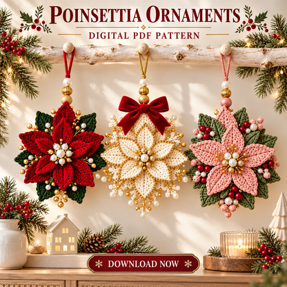 Beaded Poinsettia Crochet Pattern PDF | 3 Christmas Flower Ornaments