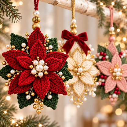Beaded Poinsettia Crochet Pattern PDF | 3 Christmas Flower Ornaments