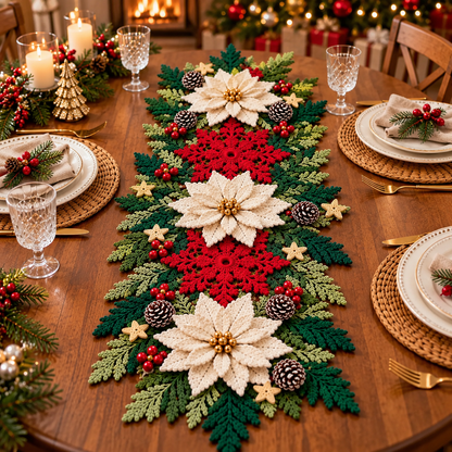 Poinsettia Snowflake Table Runner Crochet Pattern PDF | 3D Christmas Decor