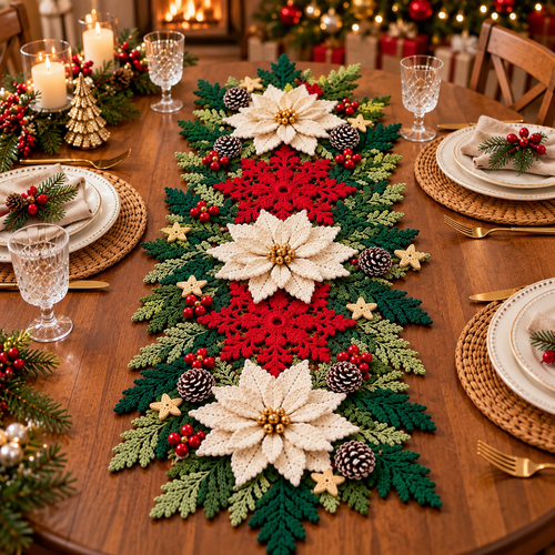 Poinsettia Snowflake Table Runner Crochet Pattern PDF | 3D Christmas Decor
