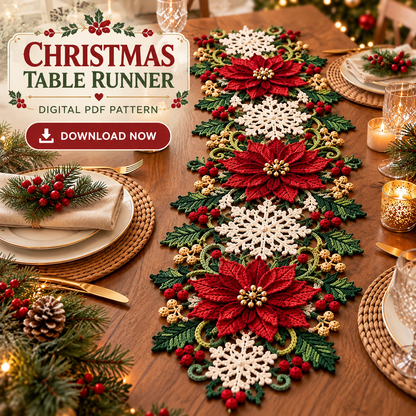 Poinsettia Snowflake Crochet Table Runner Pattern PDF | Christmas Table Decor