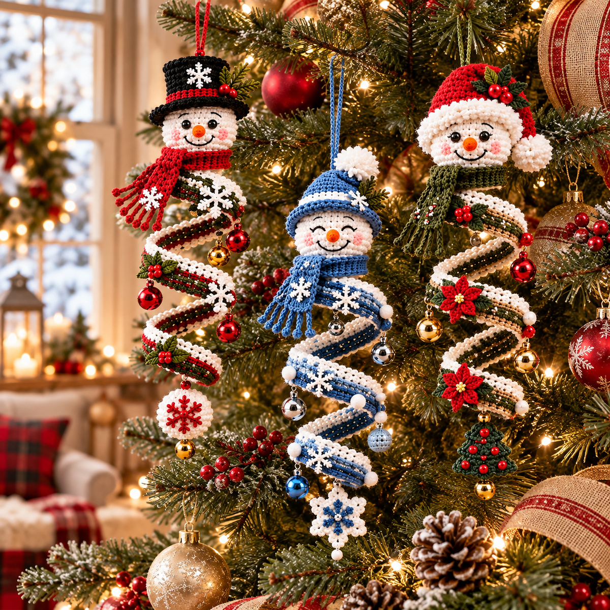 Snowman Spiral Ornament Crochet Pattern PDF | 3 Christmas Hanging Designs