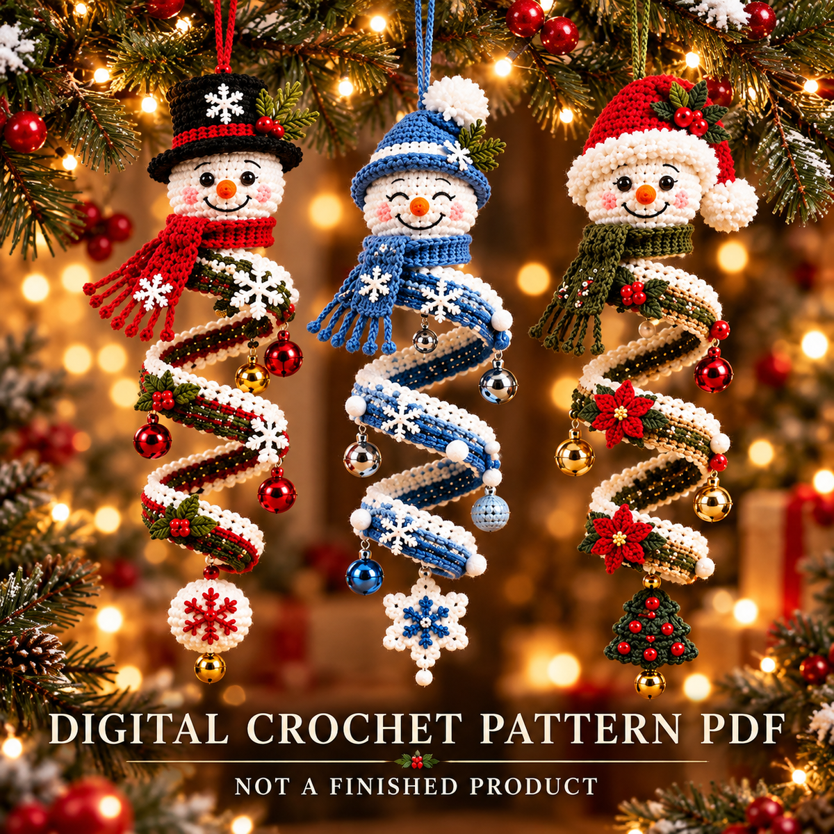 Snowman Spiral Ornament Crochet Pattern PDF | 3 Christmas Hanging Designs