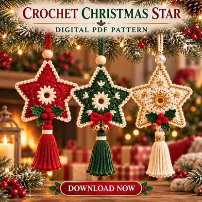 Floral Christmas Star Crochet Pattern PDF | Tassel Ornament