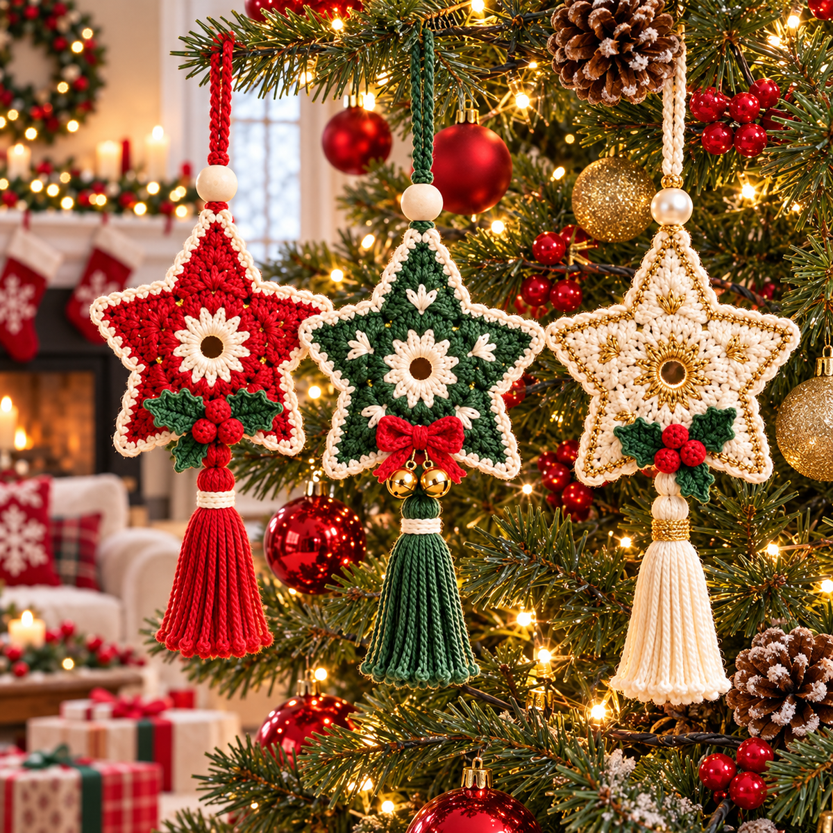 Floral Christmas Star Crochet Pattern PDF | Tassel Ornament