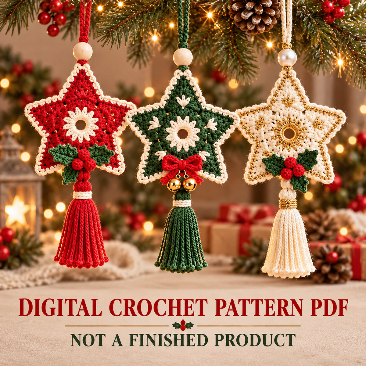 Floral Christmas Star Crochet Pattern PDF | Tassel Ornament