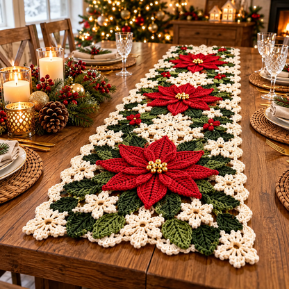 Christmas Poinsettia Table Runner Crochet Pattern PDF | Floral Holiday Decor