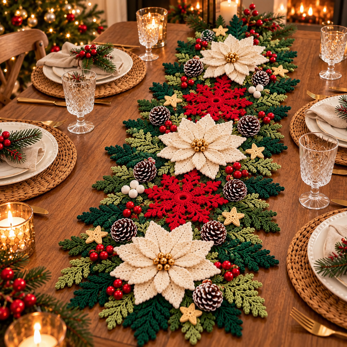 Poinsettia Snowflake Table Runner Crochet Pattern PDF | 3D Christmas Decor