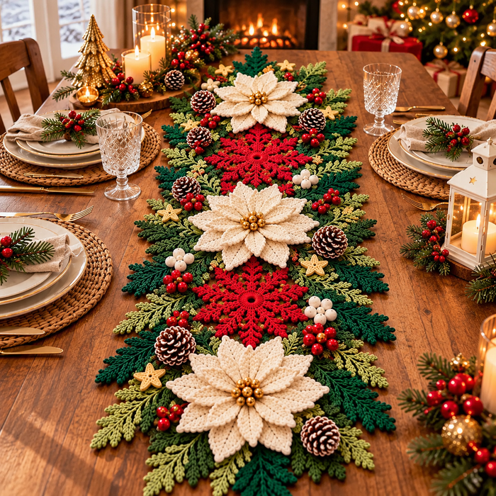 Poinsettia Snowflake Table Runner Crochet Pattern PDF | 3D Christmas Decor