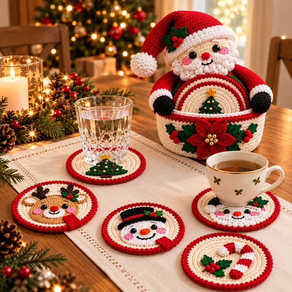 Christmas Crochet Coaster Set Pattern PDF | Basket + 5 Holiday Designs