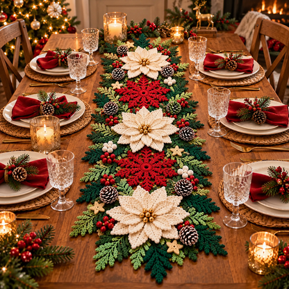 Poinsettia Snowflake Table Runner Crochet Pattern PDF | 3D Christmas Decor