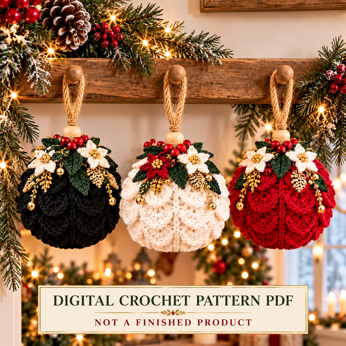 Victorian Christmas Bauble Crochet Pattern PDF | Poinsettia Ornament Trio