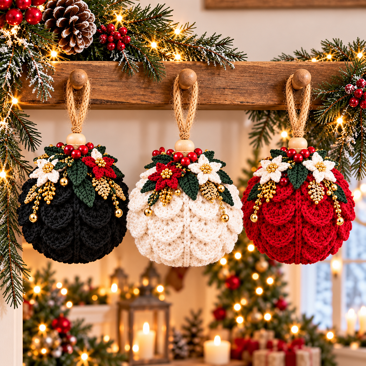 Victorian Christmas Bauble Crochet Pattern PDF | Poinsettia Ornament Trio