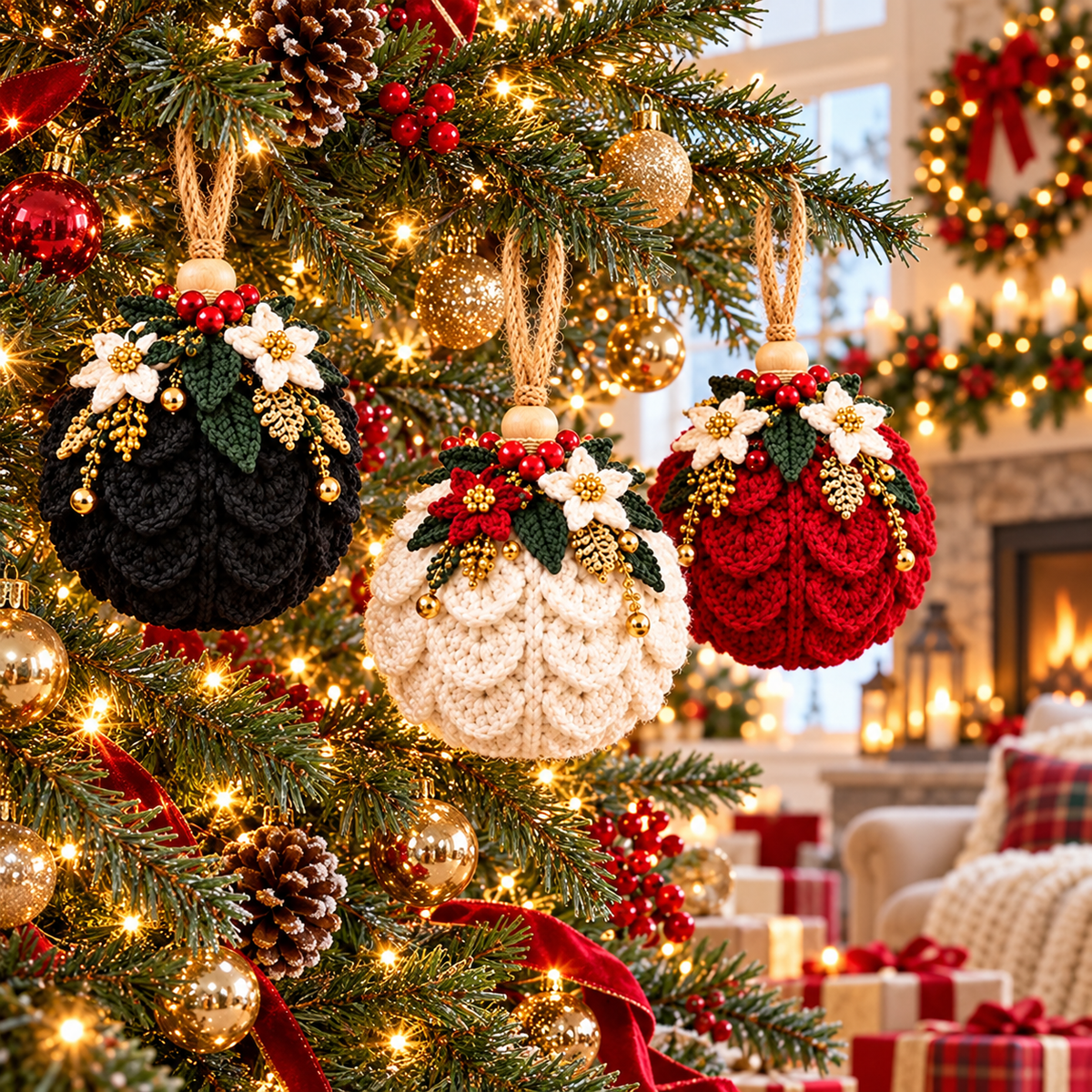 Victorian Christmas Bauble Crochet Pattern PDF | Poinsettia Ornament Trio