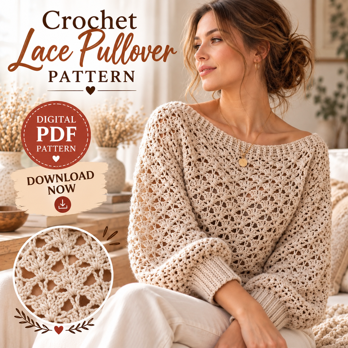 Openwork Crochet Pullover Pattern PDF | Lace Balloon Sleeve Sweater