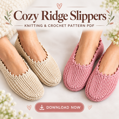 Cozy Ridge Knit Slippers Pattern PDF | Women's House Slippers with Crochet Edging