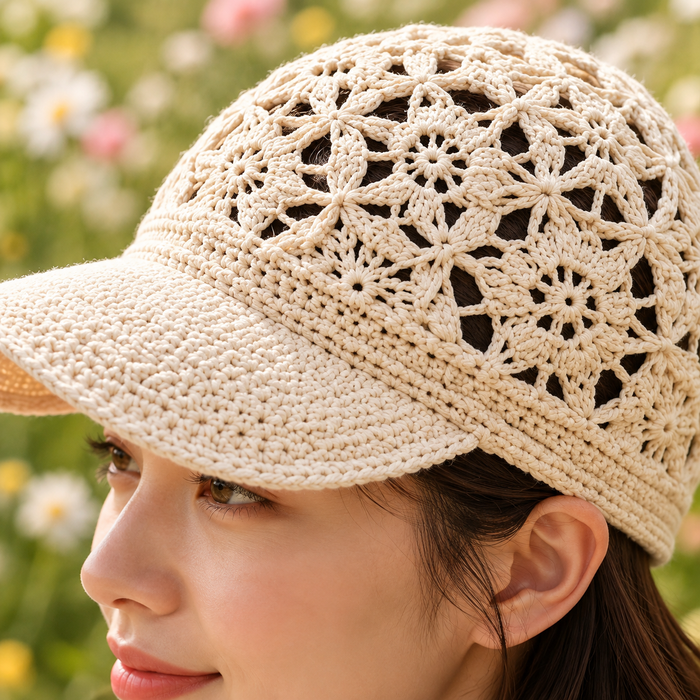 Floral Lace Crochet Newsboy Cap Pattern PDF | Summer Flower Hat