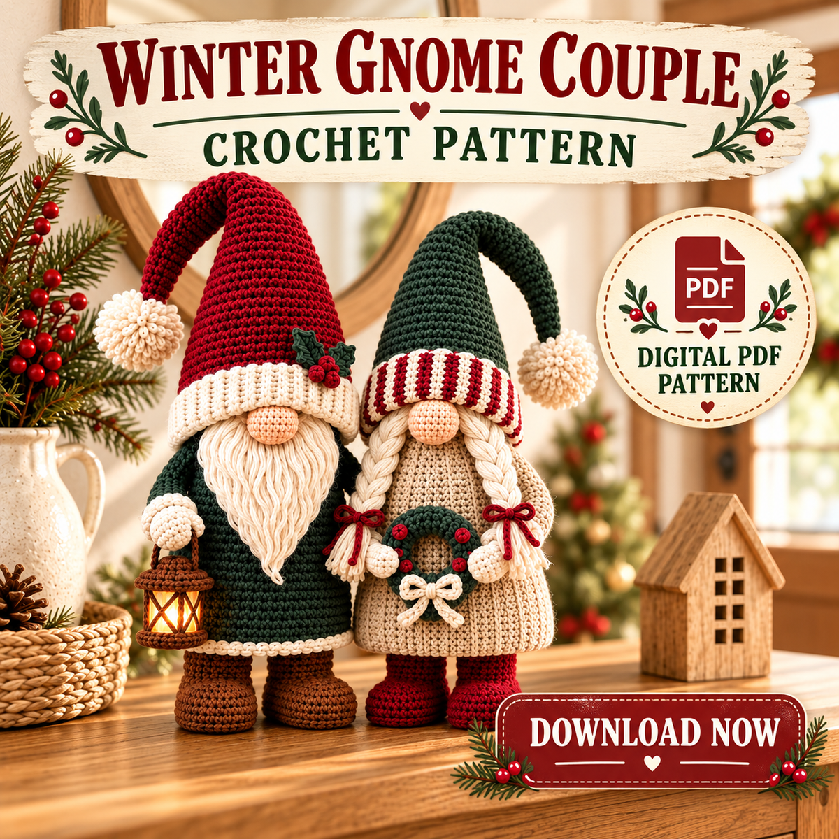 Winter Gnome Couple Crochet Pattern PDF | Scandinavian Christmas Amigurumi Set