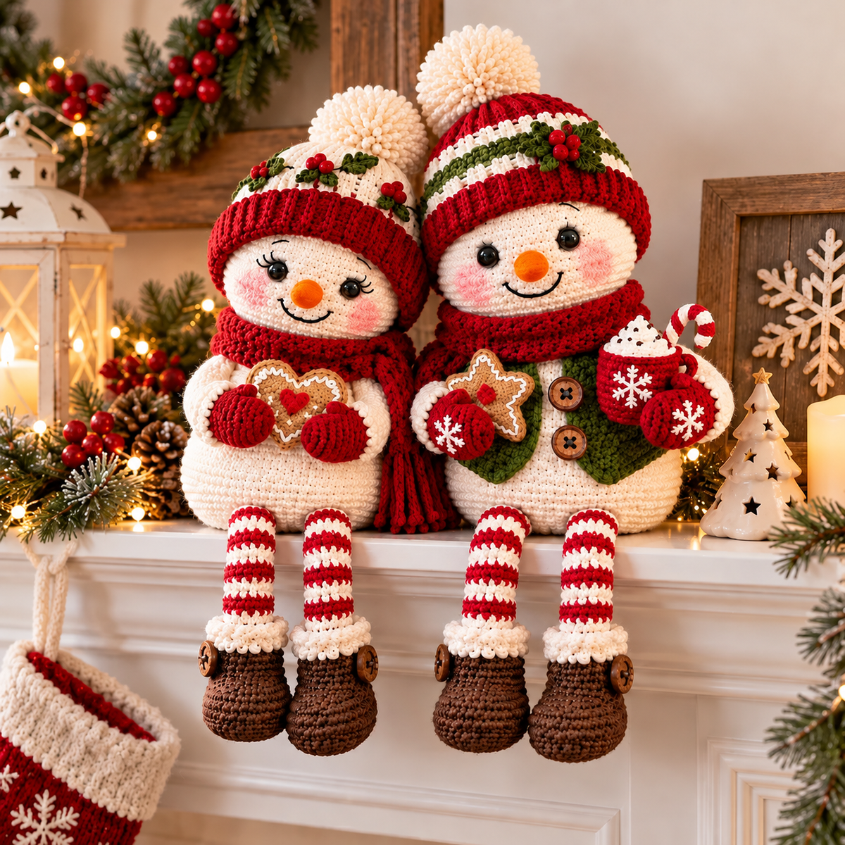Christmas Snowman Couple Crochet Pattern PDF | Long Leg Shelf Sitters