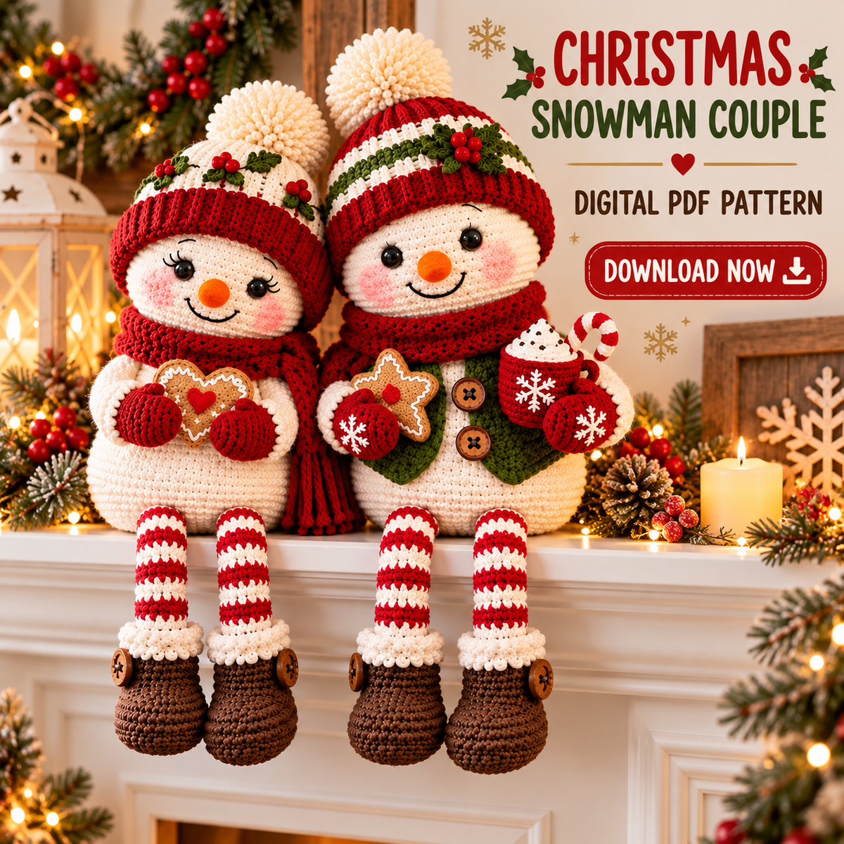 Christmas Snowman Couple Crochet Pattern PDF | Long Leg Shelf Sitters