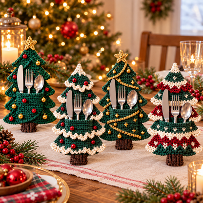 Christmas Tree Cutlery Holder Crochet Pattern PDF | 4 Holiday Designs