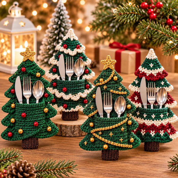 Christmas Tree Cutlery Holder Crochet Pattern PDF | 4 Holiday Designs