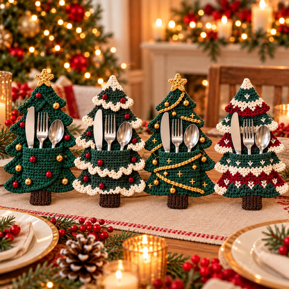 Christmas Tree Cutlery Holder Crochet Pattern PDF | 4 Holiday Designs