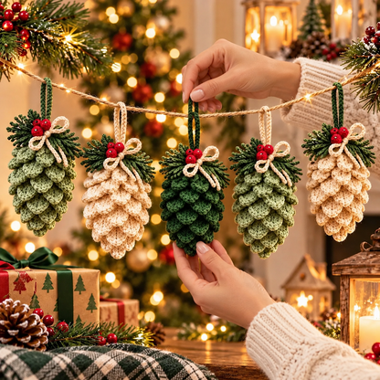 Crochet Pinecone Garland Pattern PDF | Rustic Christmas Ornaments