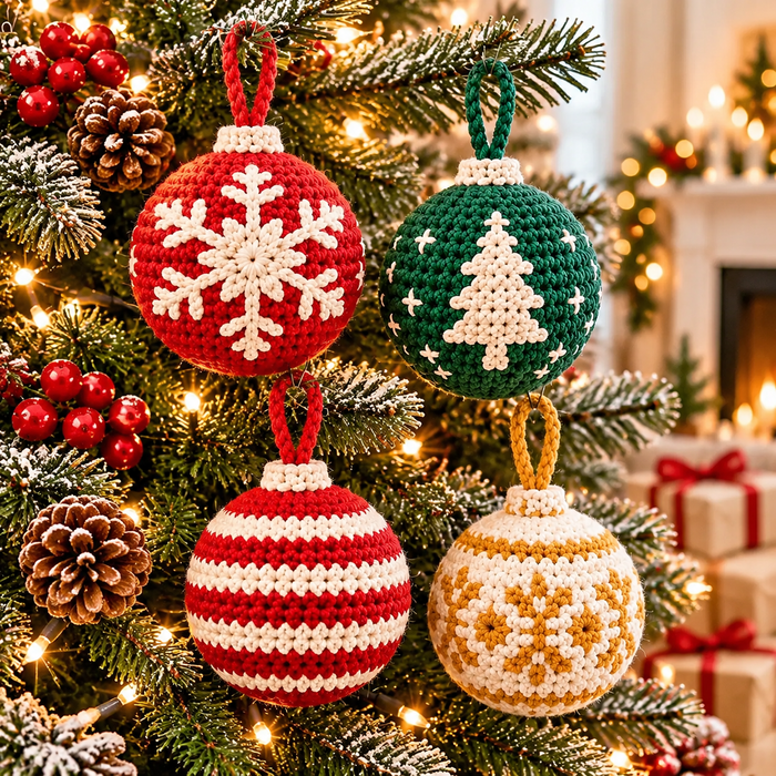 4-in-1 Christmas Bauble Crochet Pattern PDF | Holiday Tree Ornaments