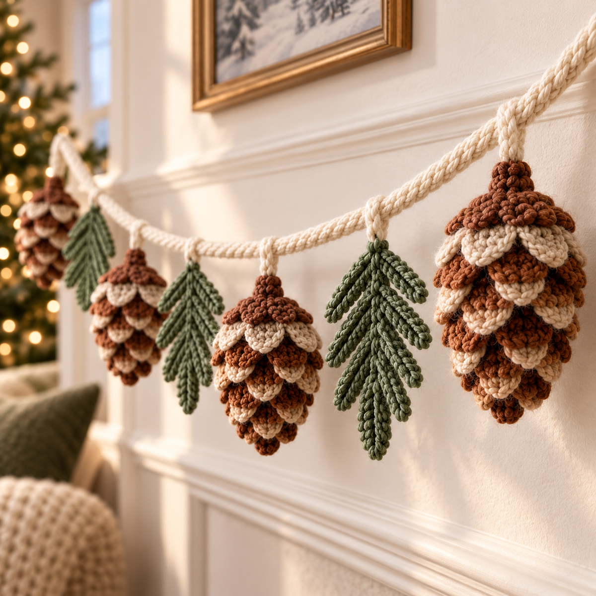 Pinecone Christmas Garland Crochet Pattern PDF | Evergreen Mantel Decor
