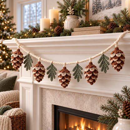 Pinecone Christmas Garland Crochet Pattern PDF | Evergreen Mantel Decor
