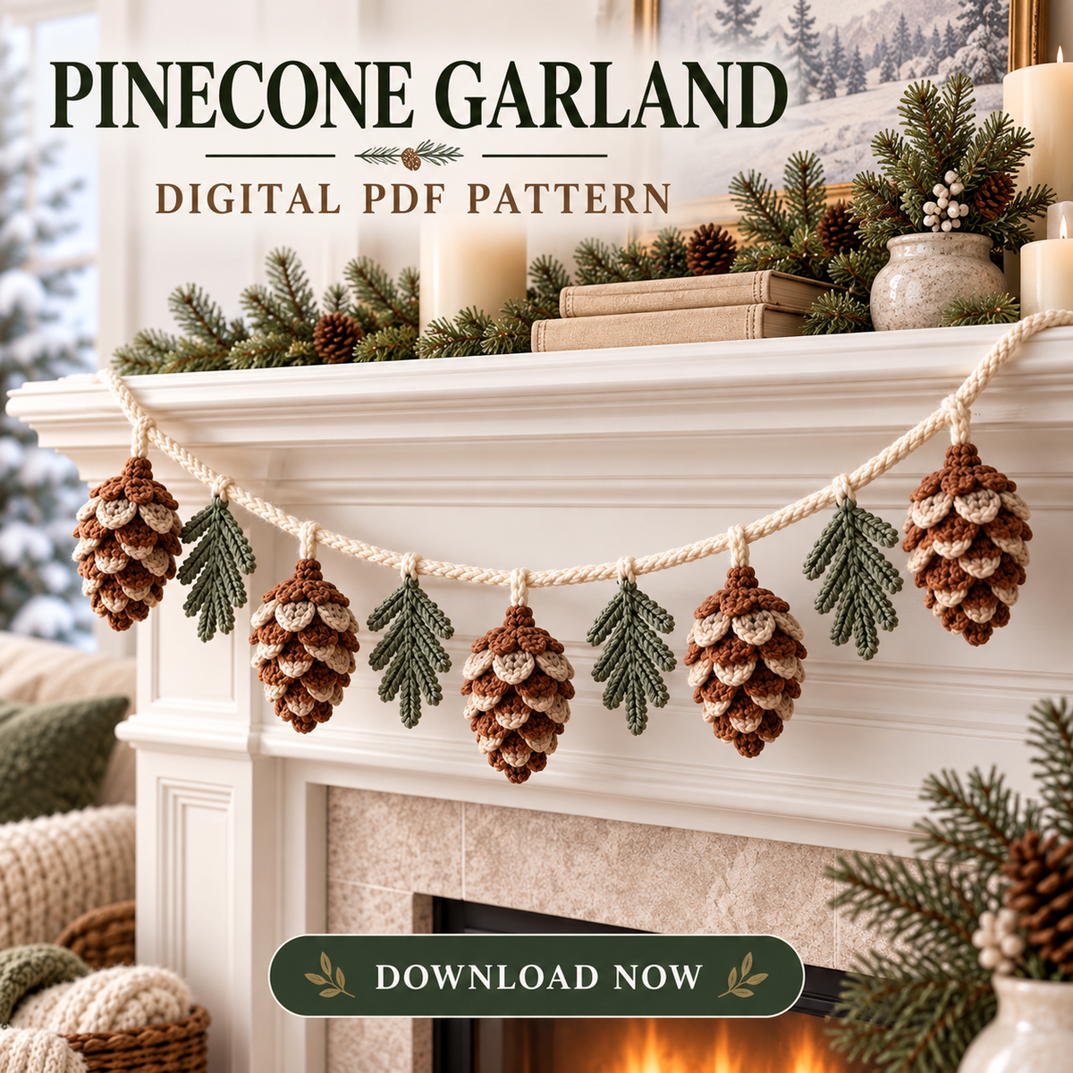 Pinecone Christmas Garland Crochet Pattern PDF | Evergreen Mantel Decor