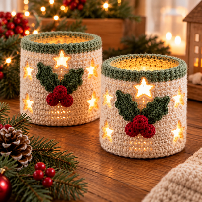 Christmas Candle Cozy Crochet Pattern PDF | Star Cut-Out Holly Votive Cover