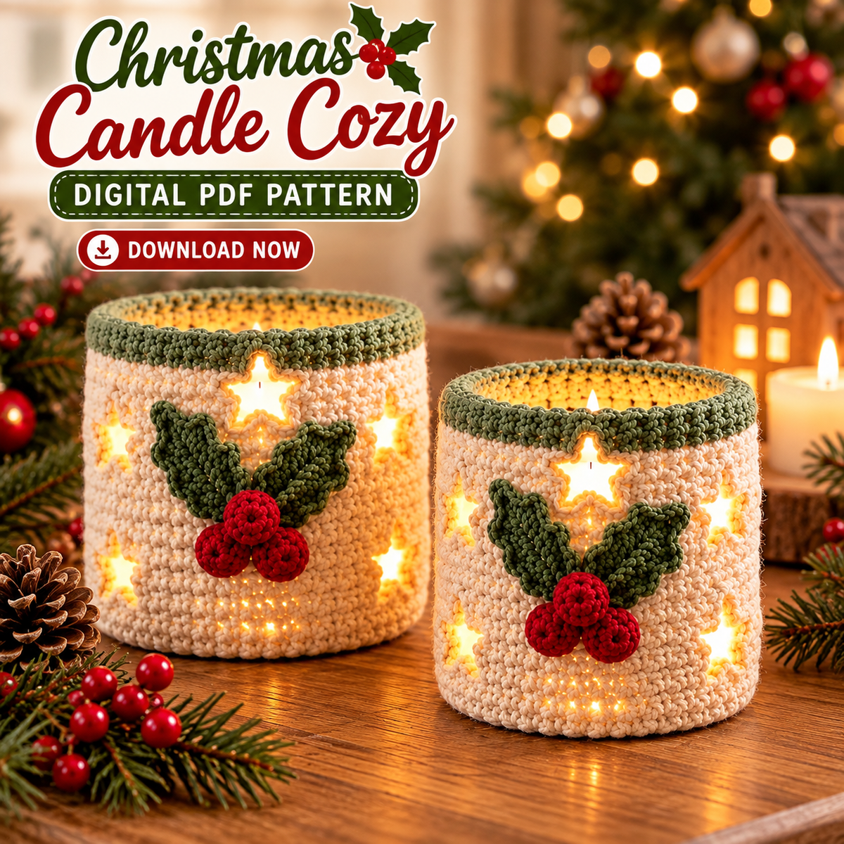 Christmas Candle Cozy Crochet Pattern PDF | Star Cut-Out Holly Votive Cover