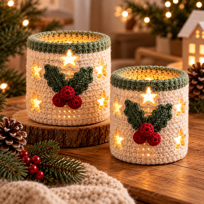 Christmas Candle Cozy Crochet Pattern PDF | Star Cut-Out Holly Votive Cover