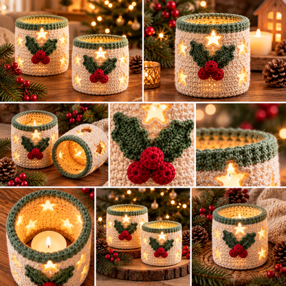 Christmas Candle Cozy Crochet Pattern PDF | Star Cut-Out Holly Votive Cover