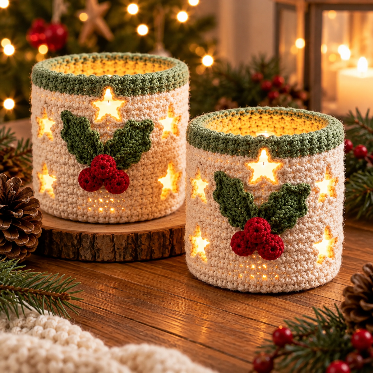 Christmas Candle Cozy Crochet Pattern PDF | Star Cut-Out Holly Votive Cover
