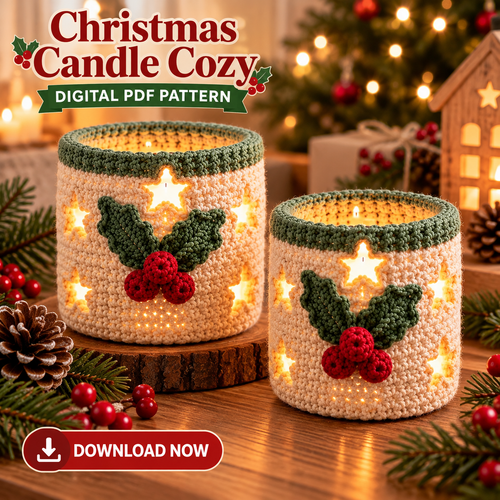 Christmas Candle Cozy Crochet Pattern PDF | Star Cut-Out Holly Votive Cover