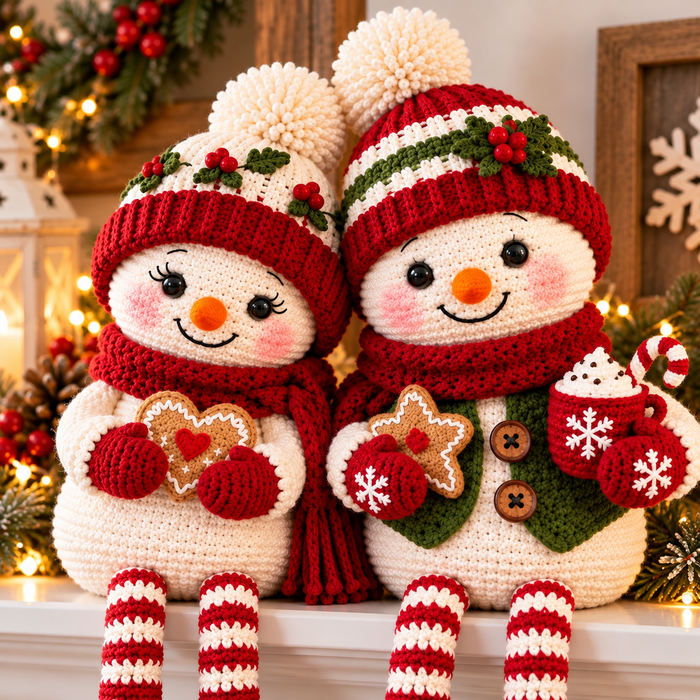 Christmas Snowman Couple Crochet Pattern PDF | Long Leg Shelf Sitters