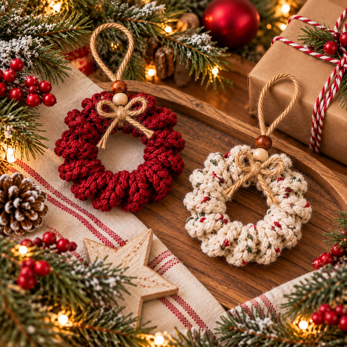 Mini Curly Wreath Crochet Pattern PDF | Rustic Christmas Tree Ornament