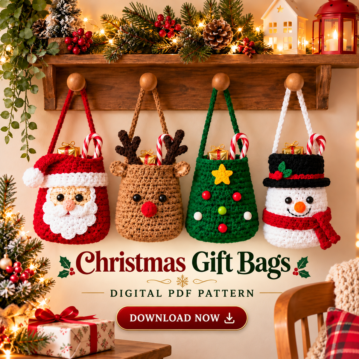 Christmas Treat Bag Crochet Pattern Bundle PDF | 4 Festive Gift Pouches
