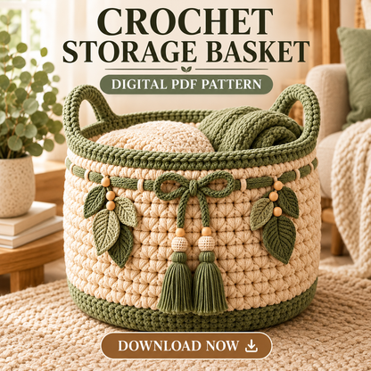 Boho Crochet Storage Basket Pattern PDF | Textured Basket with Handles