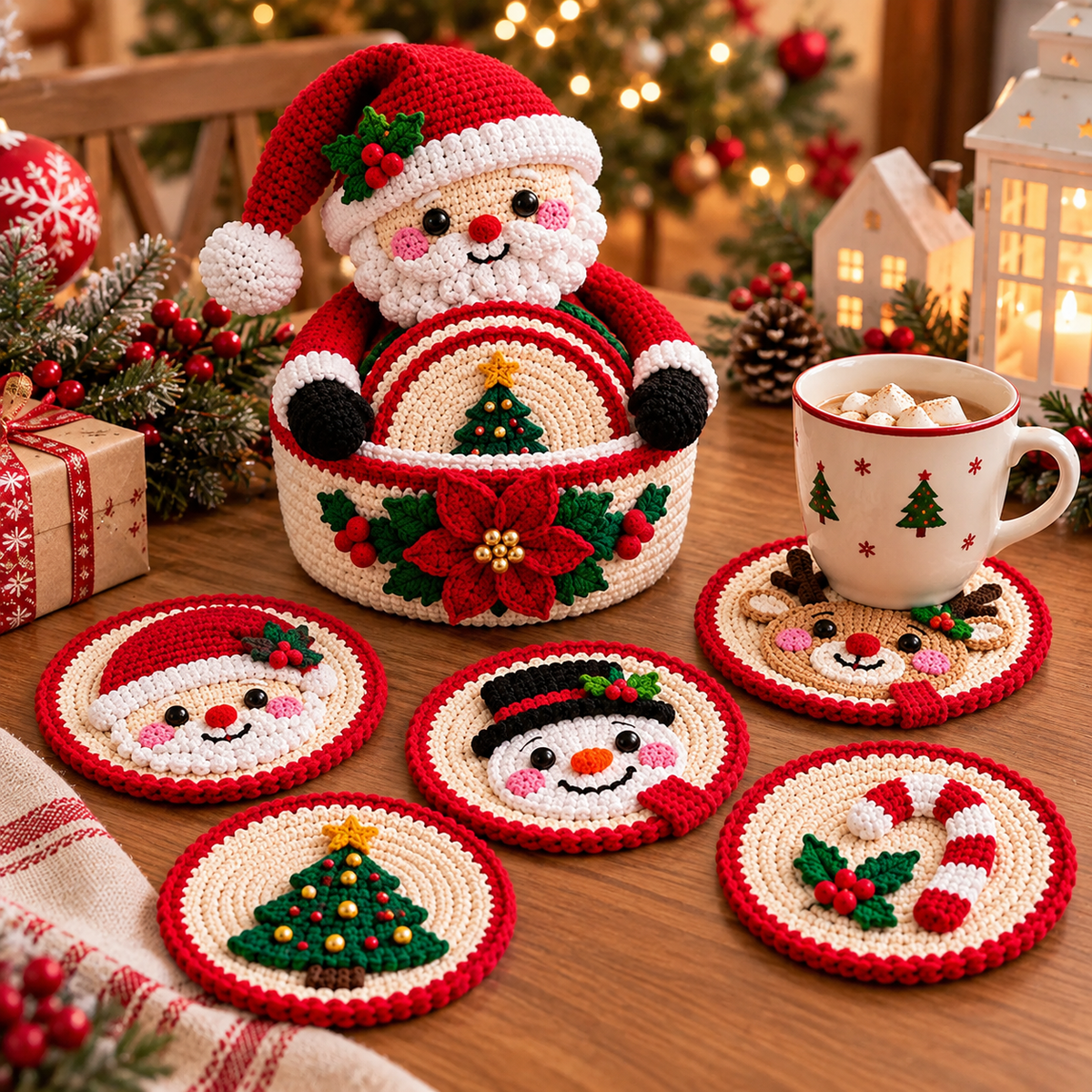 Christmas Crochet Coaster Set Pattern PDF | Basket + 5 Holiday Designs